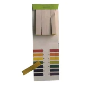 The pH Test Strips Pasteurisation Indicator booklet features unused yellow strips and a colour chart labelled 1 to 14, providing an easy colour gradient for quick pH checks—perfect for pasteurisation testing.
