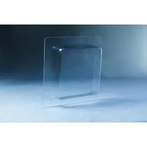 The Mycelium Mould Growth form - Paver (Reusable) is a clear, square plastic clamshell tray with smooth, rounded edges, shown upright and empty against a gradient blue background. Its design is inspired by the clean lines of paver mould growth forms.