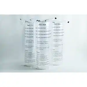 Three transparent plastic-wrapped stacks of 90mm sterile Petri dishes (3 vent, gamma irradiated) stand upright against a plain white background, each package labelled with product and size details.