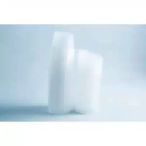 A stack of clear Agar Containers (alternative to petri dish, 100ml each)—one upright, one leaning—displayed against a plain light blue background. Set includes 50 containers.