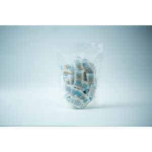 A clear plastic bag containing multiple Desiccant Silica Gel 5g | Reusable sachets stands upright against a plain white background. The sachets display blue and white text on their surface.