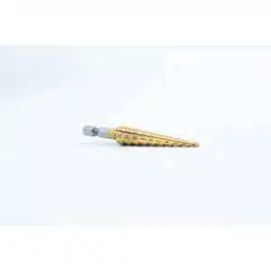 The Drill Bit for holes size 3mm-12mm Titanium Coated features a gold finish, hexagonal shank, tiered conical design, and clear size markings. It’s ideal for precise drilling and is shown resting on a plain white surface.