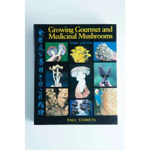 Home 8 The cover of Growing Gourmet and Medicinal Mushrooms: Book By Paul Stamets features colourful mushroom photos with the title shown in English and Japanese.
