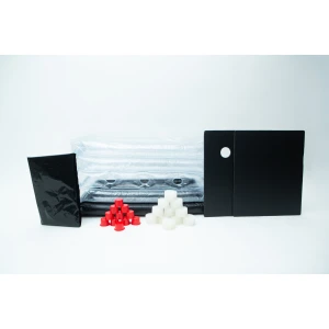 The Boomer Shroomer V 2.0 Inflatable Monotub Kit for Growing Mushrooms includes black and clear plastic sheets, a black rectangular bag, two ventilated panels, and pyramid-shaped red and white filter plugs—perfect for mushroom cultivation.