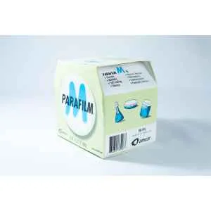 A box of Parafilm Lab film (1m, 2m, 5m, 10m, 38m or 76m), featuring the Parafilm brand name, product details, and images of laboratory glassware being sealed on the packaging.