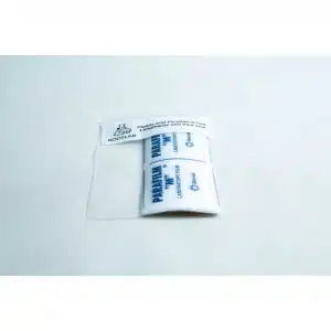A small transparent plastic pouch containing pre-cut Parafilm strips 10× lab film, labelled with blue text, placed on a plain white surface.