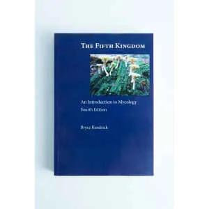 The product “The Fifth Kingdom: Book by Bryce Kendrick” features a blue cover with white mushrooms on moss, introducing mycology and celebrating the wonders of fungi.