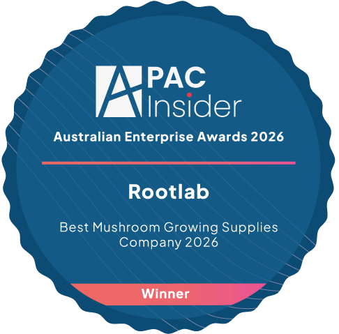 A blue digital badge reads APAC Insider Australian Enterprise Awards 2026. Rootlab. Best Mushroom Growing Supplies Company 2026. Winner.