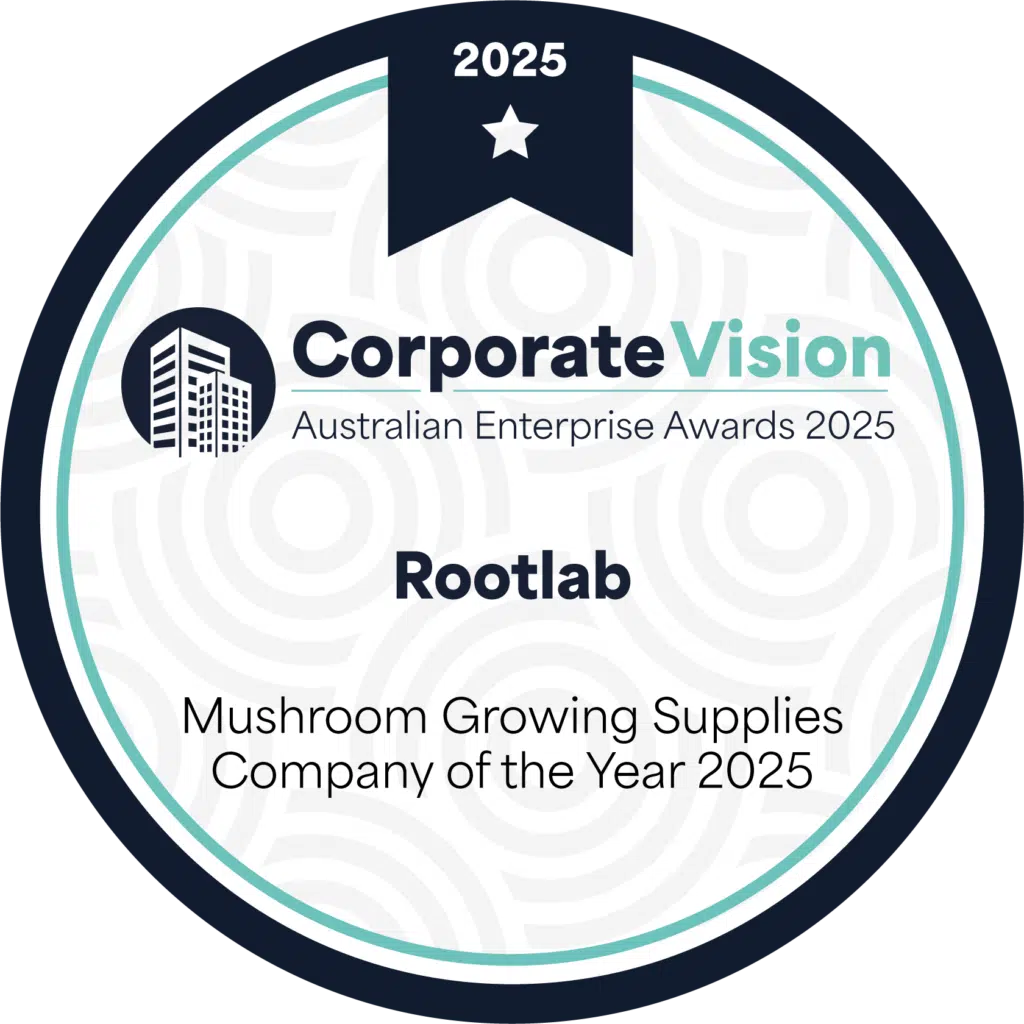 A circular badge displays 2025 Corporate Vision Australian Enterprise Awards and awards Rootlab as Mushroom Growing Supplies Company of the Year 2025. The design includes a building icon and a dark banner with a white star.