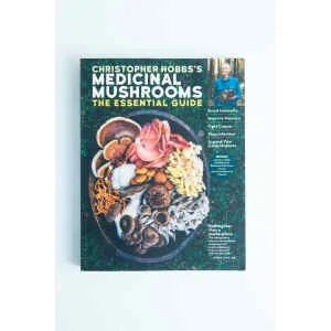 The cover of Medicinal Mushrooms The Essential Guide - Christopher Hobbs's features a mushroom-filled bowl and a small photo of Hobbs with fungi, whilst the text emphasises the book’s valuable insights on mushroom benefits.