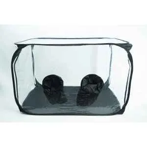 The Still Air Box (SAB) | Mushroom | Large | Pop up is a transparent rectangular tent with black edges and two circular ventilation openings on the back, perfect for mushroom cultivation, shown against a plain white background.