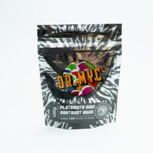 A black and white resealable DRMyc bag with colourful mushroom logos stands upright on a white background. The label reads: DRMyc Adaptive Liquid Culture Premix, 800g, makes 100 plates—ideal for liquid culture use.