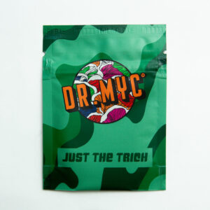 A green resealable pouch with a camouflage design, featuring the DRMyc logo and "JUST THE TRICH" text—perfect for storing your DRMyc Adaptive Liquid Culture Premix.