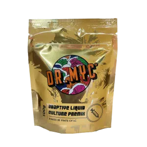 A gold, resealable pouch labelled DRMyc Adaptive Liquid Culture Premix, 100g, with a colourful circular logo. The packaging states it makes 21 pints of liquid culture.