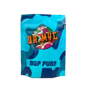 A blue resealable pouch labelled DRMyc features a colourful mushroom logo and "MGP Pure" text, ideal for storing DRMyc MGP Pure - Gourmet/Medicinal Mushroom Growth Promoter.