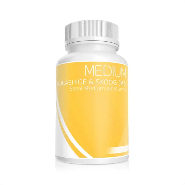 Plant Cell Murashige & Skoog (MS) Basal Medium w/ Vitamins 1 A white plastic bottle with a grey cap and a yellow label displaying the text MEDIUM Murashige & Skoog (MS) Basal Medium with Vitamins on a plain white background.
