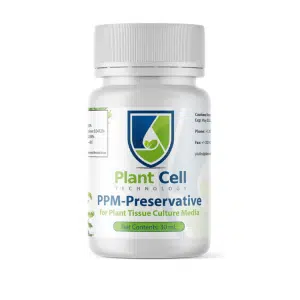 A 30 mL white bottle labelled "PPM-Preservative for Plant Tissue Culture Media" by Plant Cell Technology, ideal for the Plant Cell Tissue Culture Starter Kit. The label displays green and blue text plus a shield logo with a leaf graphic.
