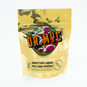 A gold-coloured pouch labelled DRMyc Adaptive Liquid Culture Premix with a vibrant logo, abstract graphics, and syringe icon contains 50g of premix for dung-loving mushroom species.