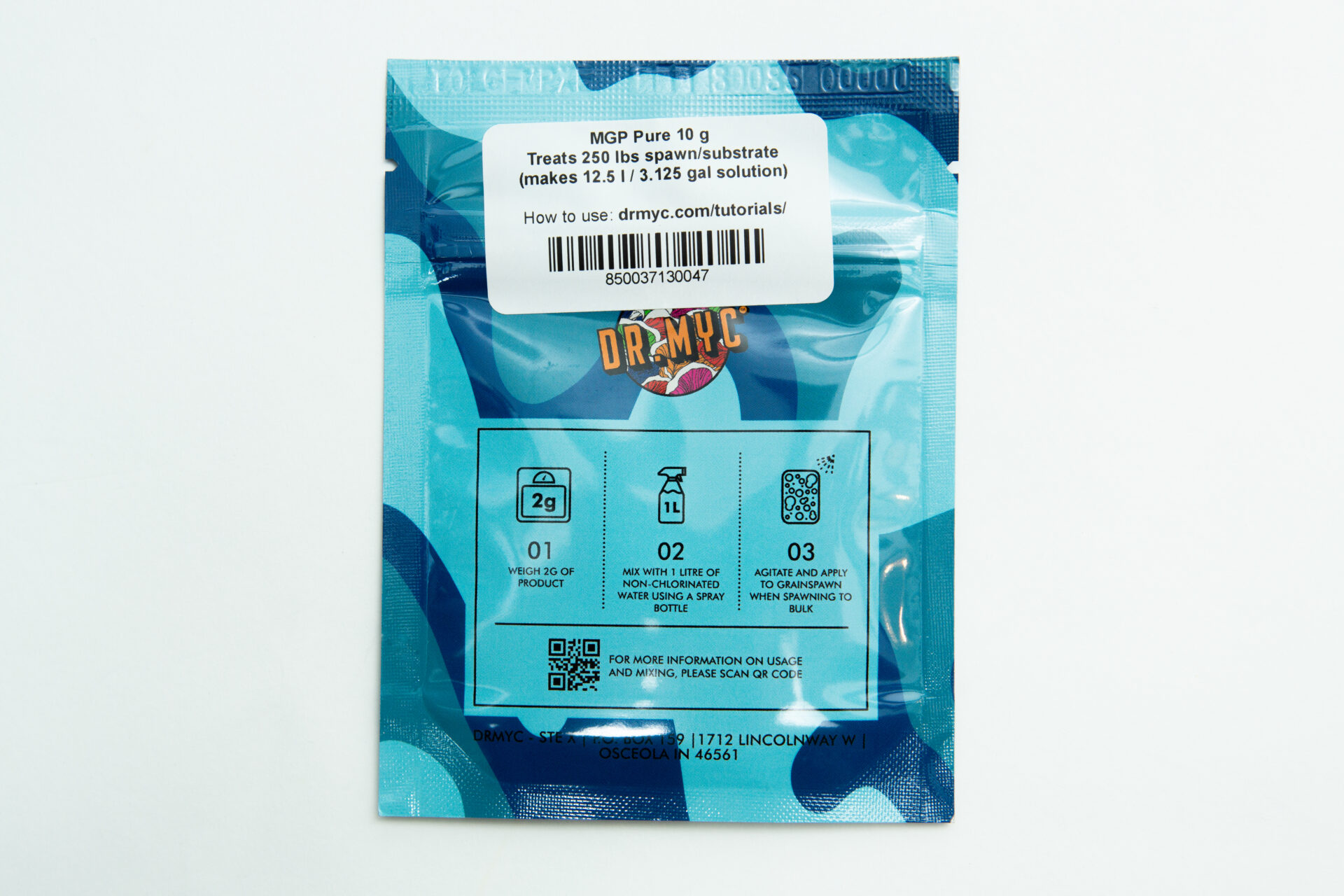 DRMyc MGP Pure - Gourmet/Medicinal Mushroom Growth Promoter 2 A blue-teal packet labelled DRMyc Adaptive Liquid Culture Premix contains 10g MGP Pure mushroom liquid culture with instructions, a QR code, dosage and mixing info on a white label above, and a barcode at the top.