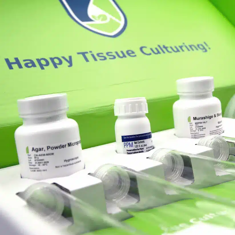 Plant Cell Tissue Culture Starter Kit 2 Three labelled containers and four capped vials are arranged before a bright green box marked “Happy Tissue Culturing!”—an ideal backdrop for the Plant Cell Tissue Culture Starter Kit made for easy plant cell experiments.