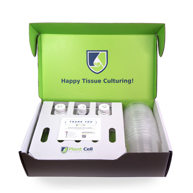 Plant Cell Tissue Culture Starter Kit 1 The Plant Cell Tissue Culture Starter Kit comes in a green and white box with the Plant Cell Technologies logo, containing bottles with white caps, clear Petri dishes, and an instruction card—everything needed to start tissue culturing.