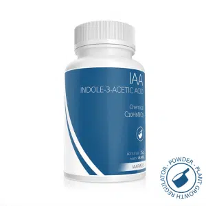 A white plastic bottle labelled Plant Cell Indole-3-Acetic Acid (IAA) Powder, formula C10H9NO2, 25g. A circular stamp at the bottom right reads Plant Growth Regulator - Powder, supporting healthy plant cell development.