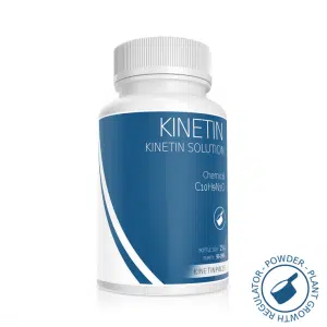 A white plastic bottle with a blue and white label reads "Plant Cell Kinetin Powder," showing the formula C10H9N5O and 25g size. A circular icon highlights “Plant Growth Regulator - Kinetin Powder.”.