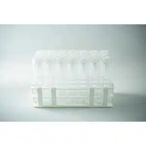 The Plant Cell Vented Plant TC Test Tubes with rack 12pc includes 12 clear, vented plastic test tubes with lids, organised in a white plastic rack on a plain light surface against a white background.