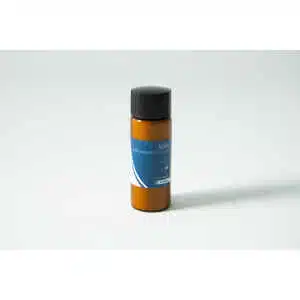 A small amber plastic bottle with a black cap and blue-white label reading "Plant Cell Naphthaleneacetic (NAA) Powder" stands upright on a plain white surface; this powder is commonly used to support plant cell growth.
