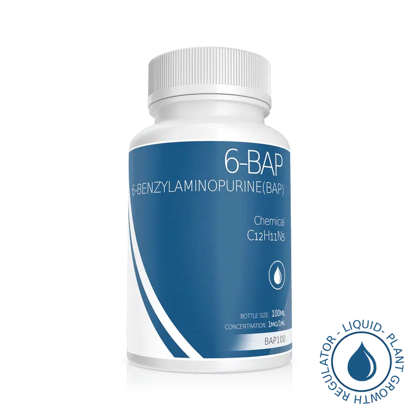 Plant Cell Benzylaminopurine (6-BAP) Solution |100ml | 1mg/1ml 1 A white plastic bottle with a blue label shows Plant Cell Benzylaminopurine (6-BAP) Solution | 100ml | 1mg/1ml, its chemical formula C12H11N5, "plant cell solution," and a plant growth regulator icon.