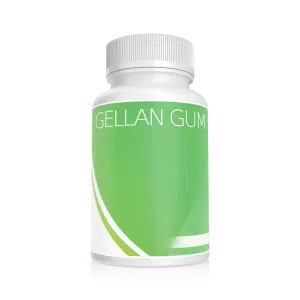 A white plastic bottle with a silver cap and green label displays "Plant Cell Gellan Gum | 100g" in bold text, features white curved lines, highlights its plant cell origin, and is set against a plain light grey background.