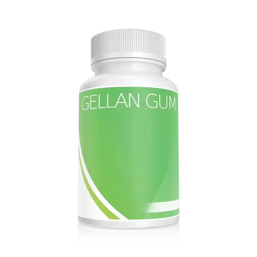 A white plastic bottle with a silver cap and green label displays "Plant Cell Gellan Gum | 100g" in bold text, features white curved lines, highlights its plant cell origin, and is set against a plain light grey background.
