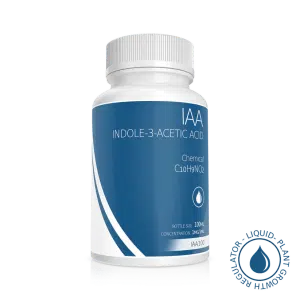 Plant Cell Indole-3-Acetic Acid (IAA) Solution, 100ml, 1mg/ml, in a white bottle with blue label. C10H9NO2 formula. Liquid plant growth regulator for promoting healthy plant cell growth.
