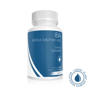 A white plastic bottle labelled “Plant Cell Indole-3-Butyric Acid (IBA) Solution | 100ml | 1mg/1ml” with formula C12H13NO2 and a circular icon stating “Plant Growth Regulator - Liquid,” ideal for promoting plant cell development.
