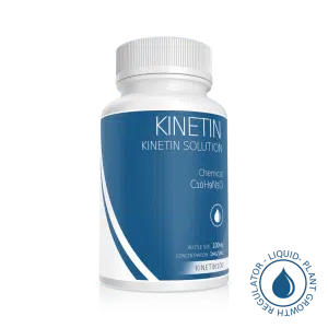 A white plastic bottle labelled Plant Cell Kinetin Solution | 100ml | 1mg/1ml, with a blue and white label and a circular icon that reads Liquid Plant Growth Regulator—your trusted plant growth hormone.