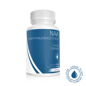 A white plastic bottle with a blue label reading “Plant Cell Naphthaleneacetic Acid (NAA) Solution | 100ml | 1mg/1ml,” featuring the formula C12H10O2 and a plant growth regulator icon—ideal for plant cell applications.