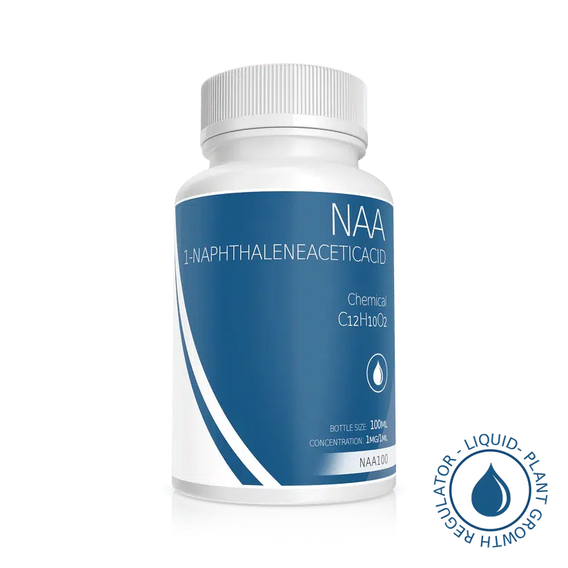 A white plastic bottle with a blue label reading “Plant Cell Naphthaleneacetic Acid (NAA) Solution | 100ml | 1mg/1ml,” featuring the formula C12H10O2 and a plant growth regulator icon—ideal for plant cell applications.