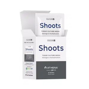 An open Plant Cell | Athena Shoots™ Tissue Culture Medium Box of 10 shows visible sachets. The white box is labelled for storage & multiplication, mentions 10 sachets (750 mL each), and features a green Plant Cell logo.