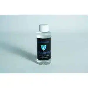 A small clear plastic bottle with a white cap, labelled Mycosheild Filter Disk Cleaner & Disinfectant Concentrate (60ml), is set against a plain light background.