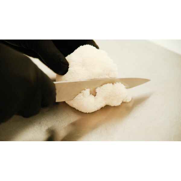 A person wearing black gloves slices a white lion’s mane mushroom with a kitchen knife on a light-coloured surface.