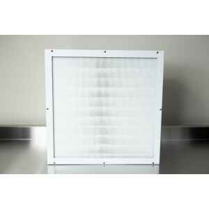 A square HEPA air filter (H14) with a white metal frame and fine mesh sits upright on a stainless steel surface against a plain light-coloured wall, ideal for use in a Laminar Flow Hood.