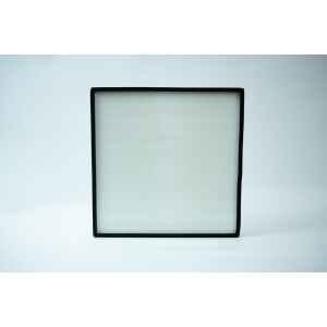 A square, white H14 HEPA air filter with a black frame is positioned upright against a plain, light-coloured background.