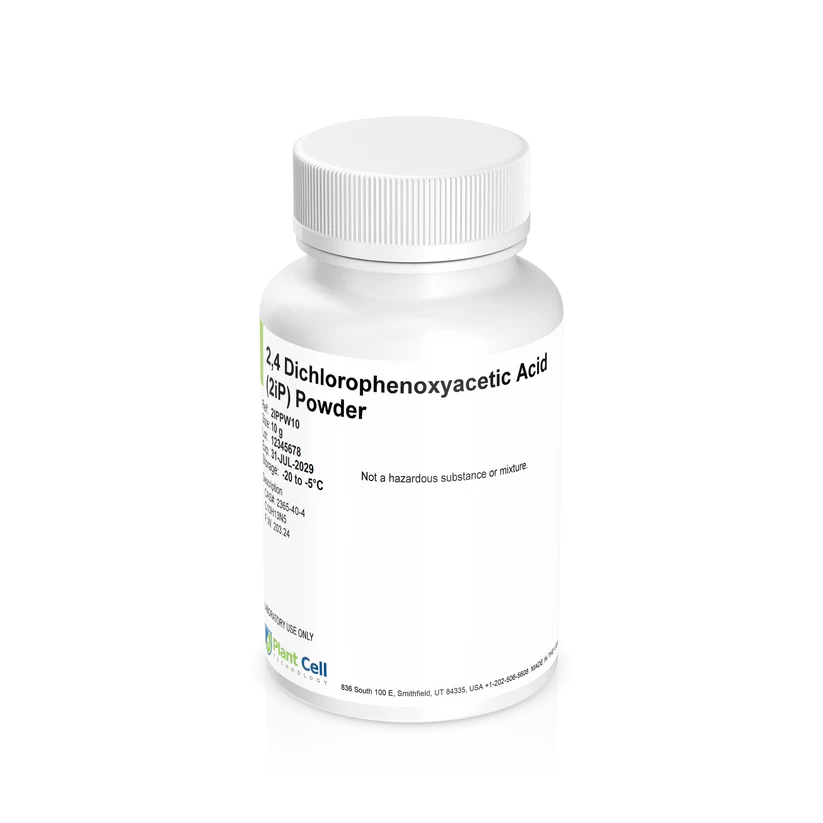 Plant Cell 6-(γ,γ-Dimethylallylamino) Purine (2iP) Powder 2 A white plastic bottle labelled 2,4 Dichlorophenoxyacetic Acid (2,4-D) Powder with product details and safety information printed on the label. The bottle has a ribbed screw cap.