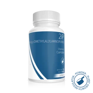 A white plastic bottle with a blue and white label displaying the text 2iP, chemical name 6-(γ,γ-Dimethylallylamino)purine, molecular formula C10H13N5, and a 25g bottle size.