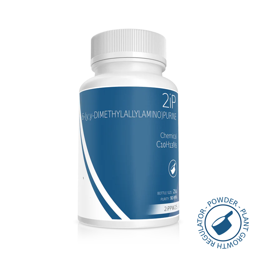 Plant Cell 6-(γ,γ-Dimethylallylamino) Purine (2iP) Powder 1 A white plastic bottle with a blue and white label displaying the text 2iP, chemical name 6-(γ,γ-Dimethylallylamino)purine, molecular formula C10H13N5, and a 25g bottle size.