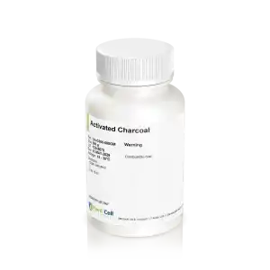 A white plastic bottle with a white cap labelled Plantcell Activated Charcoal, featuring charcoal cautions, storage info, and the Plantcell logo at the bottom, is displayed against a clean, white background.