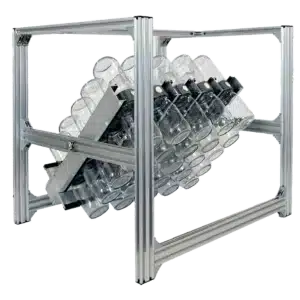 The Plant Cell BioTilt™ 25 is a metal-framed laboratory bottle roller with multiple glass bottles arranged in parallel rows at an angle, featuring a durable aluminium profile frame—ideal for plant cell research.