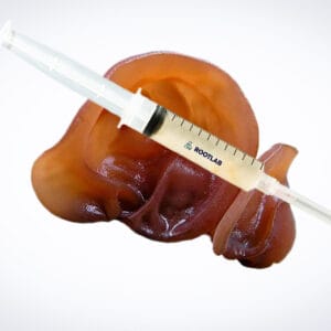 A syringe filled with Mushroom Liquid Culture | Wood Ear | Auricularia auricula-judae is placed on an artificial human liver model, set against a plain white background.