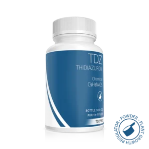 A white plastic bottle labelled "Plant Cell Thidiazuron (TDZ), C9H8N4OS," purity 97.9%, net weight 16g, with a blue and white design and a circular logo at the bottom right—ideal for plant cell research.