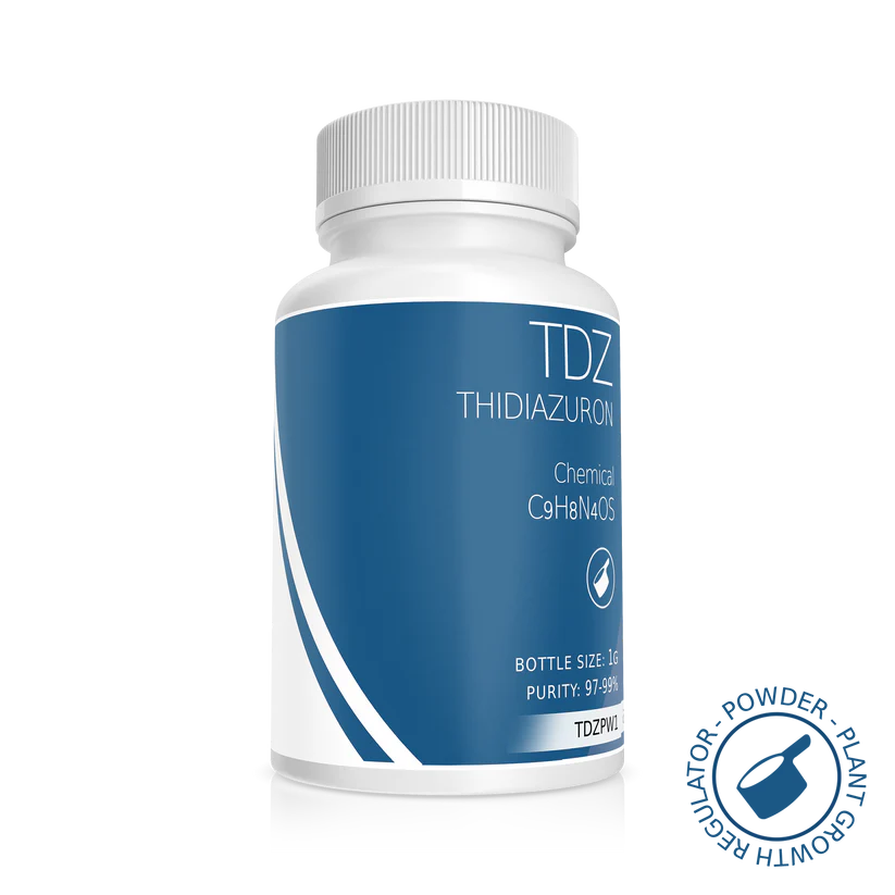Plant Cell Thidiazuron (TDZ) 1 A white plastic bottle labelled "Plant Cell Thidiazuron (TDZ), C9H8N4OS," purity 97.9%, net weight 16g, with a blue and white design and a circular logo at the bottom right—ideal for plant cell research.